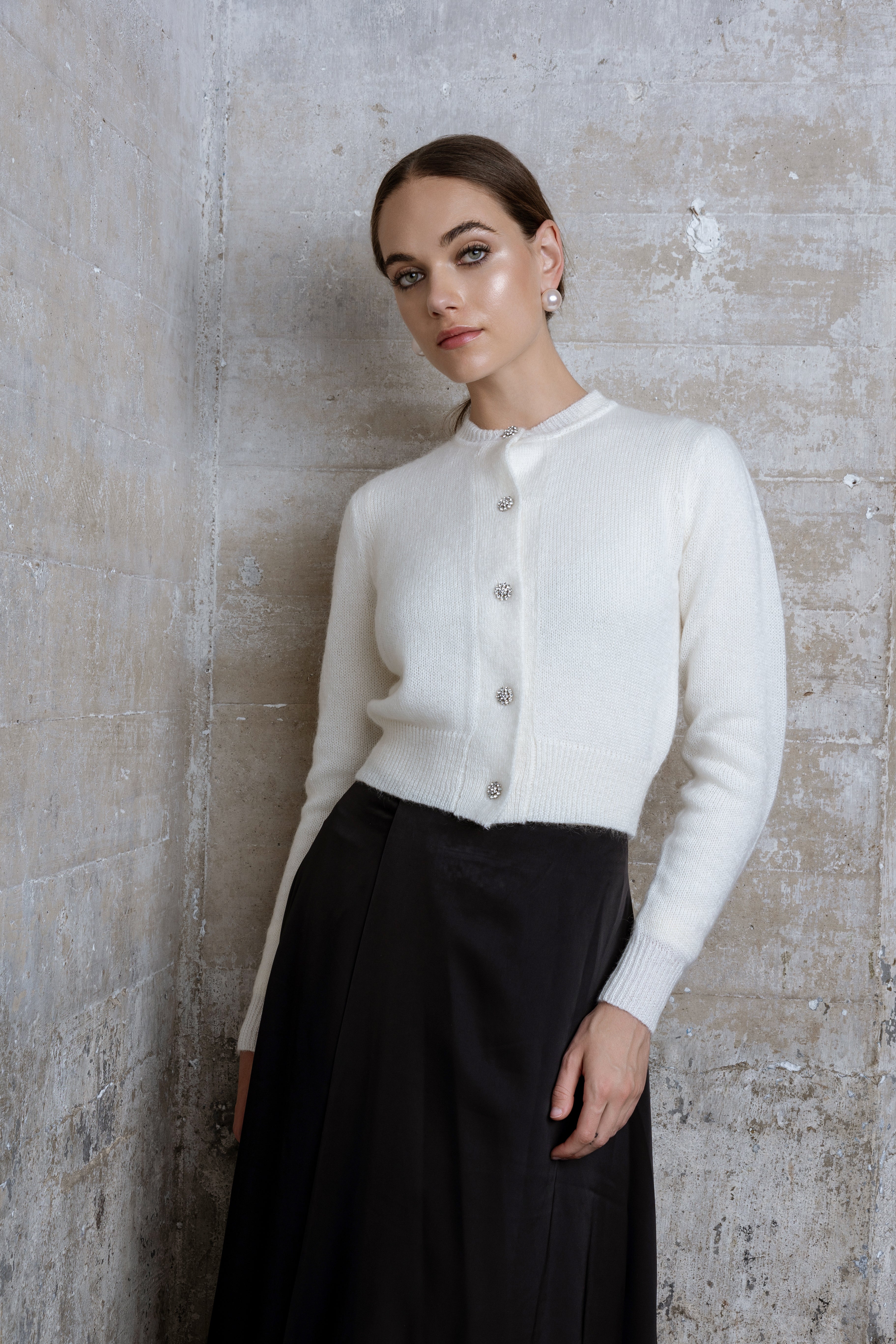 CREAM MOHAIR RHINESTONE CARDIGAN