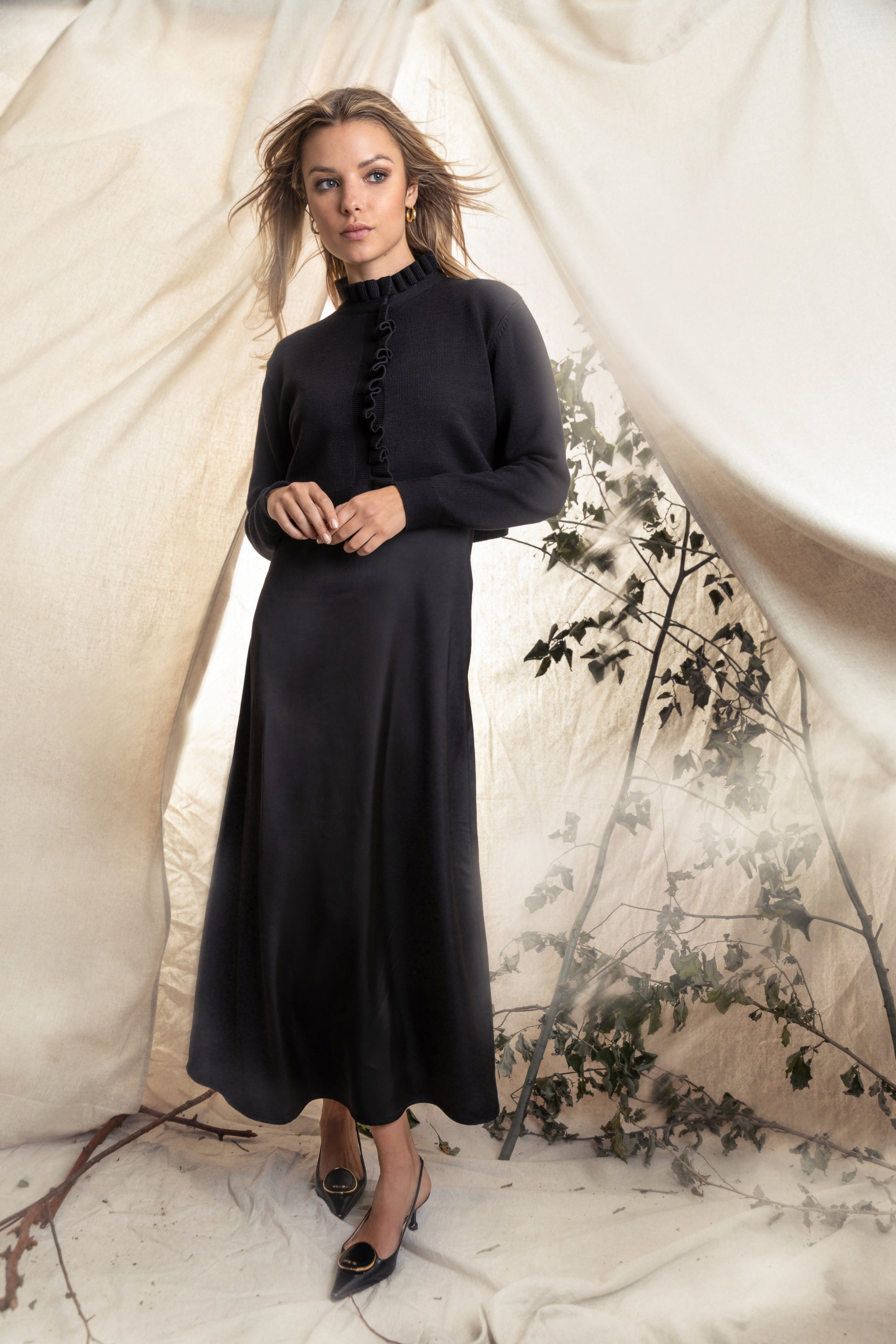 BLACK SILK LAYERING DRESS