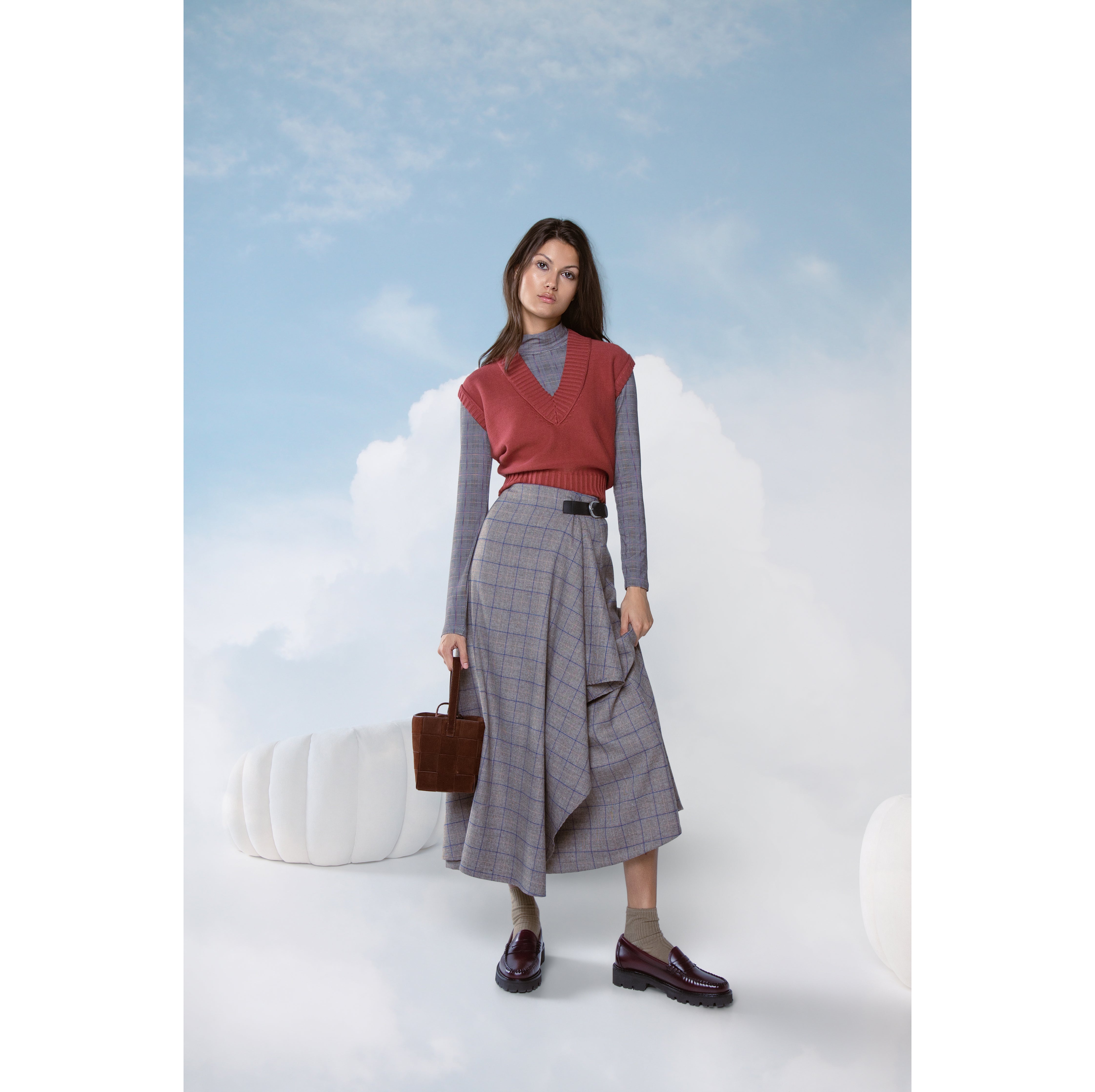 CAMEL PLAID WRAP SKIRT