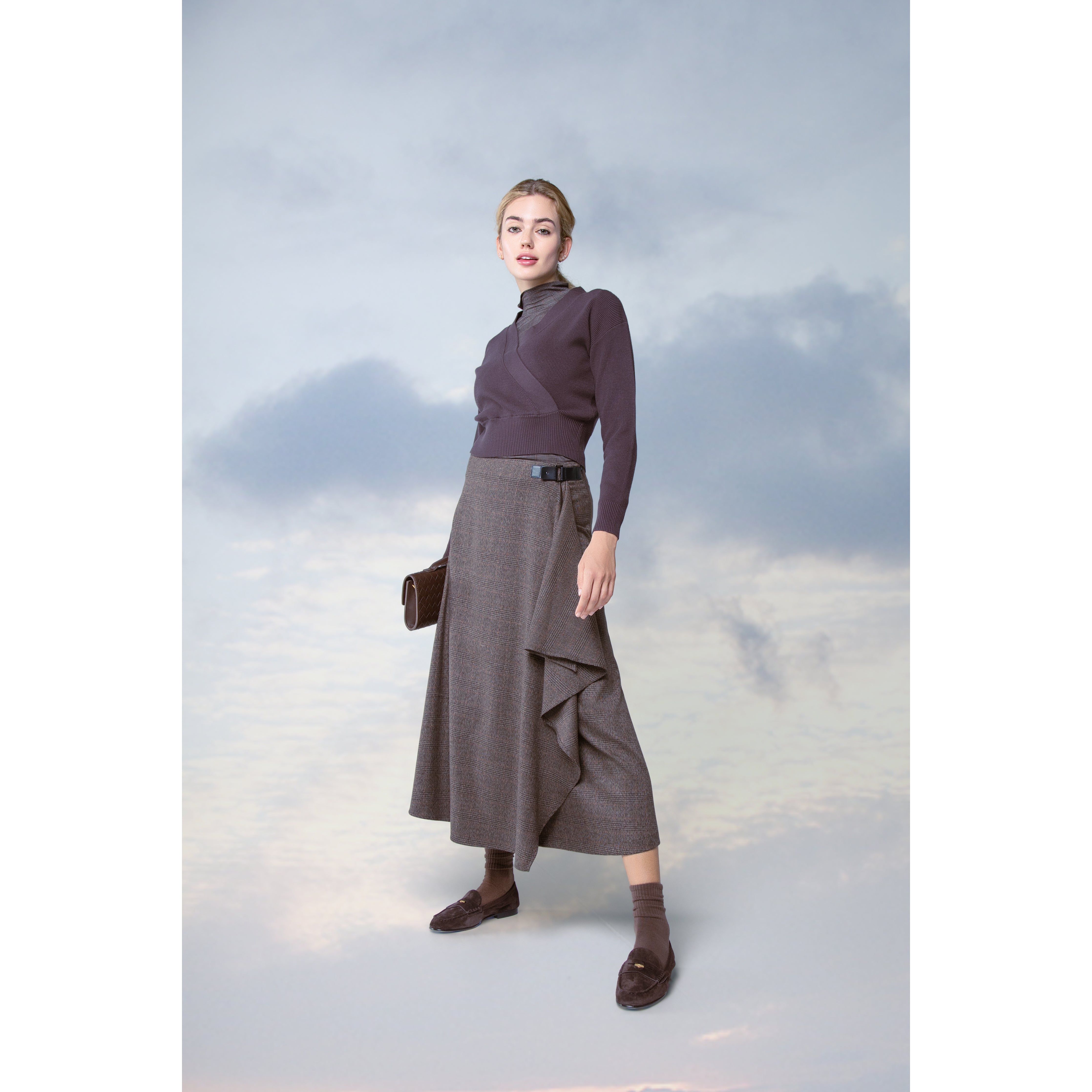 BROWN PLAID WRAP SKIRT