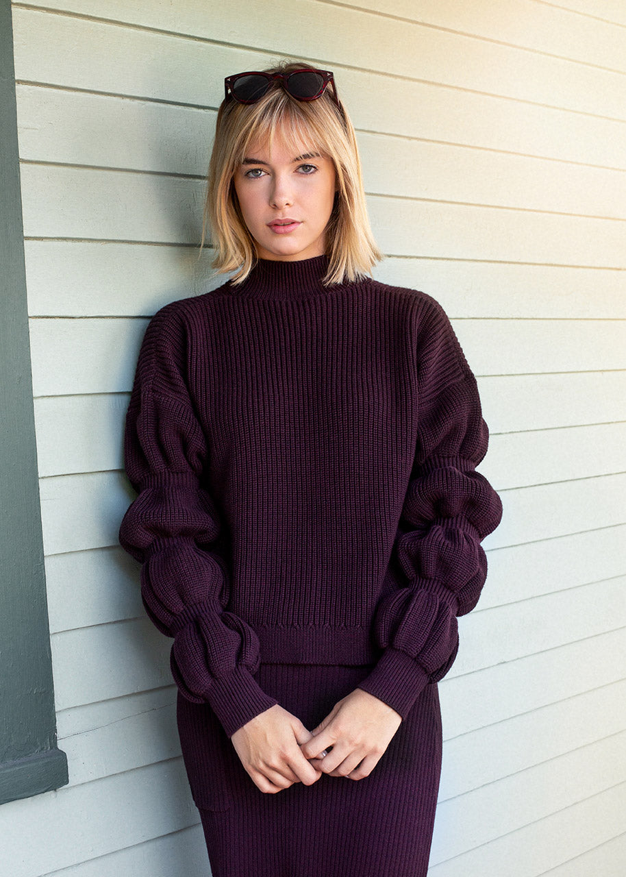 Eggplant Bubble Sleeve High Mock