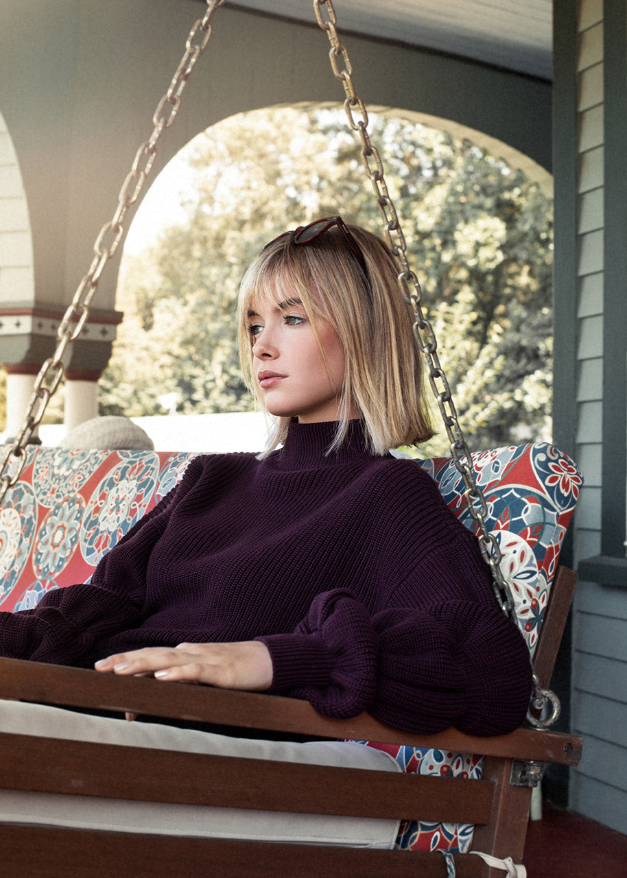 Eggplant Bubble Sleeve High Mock