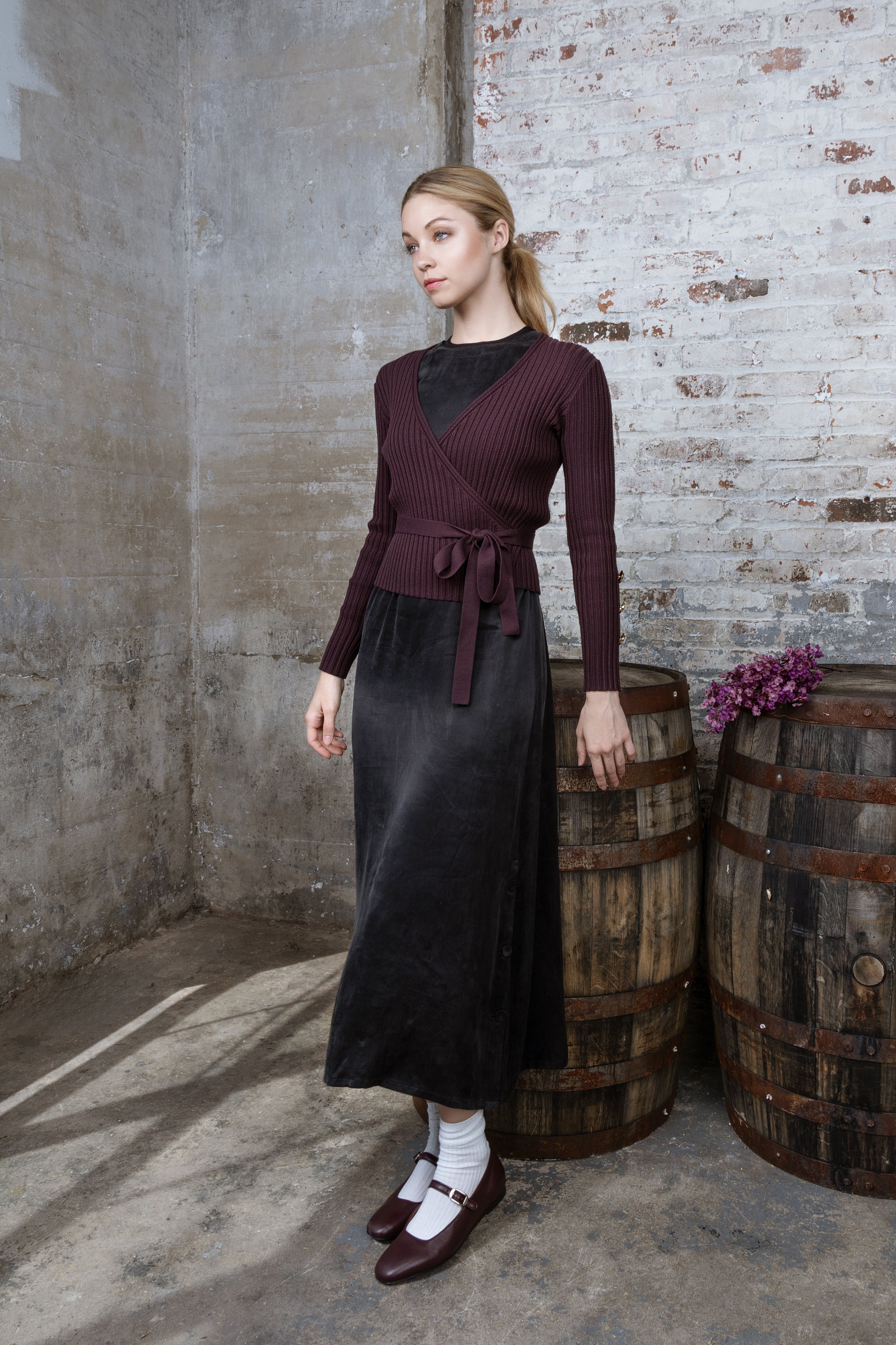 WINE EMBER WRAP SWEATER