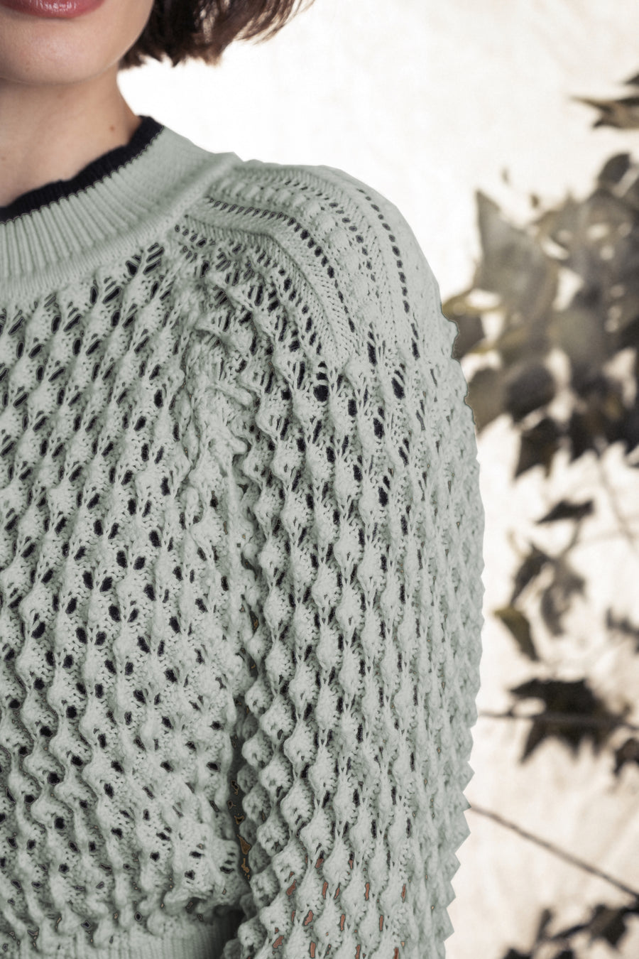 LIGHT SAGE POINTELLE KNIT CROPPED SWEATER