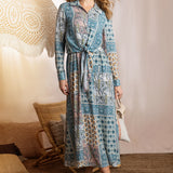 BLUE PATCHWORK PRINTED KNOT SHIRT BLOUSE