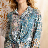 BLUE PATCHWORK PRINTED KNOT SHIRT BLOUSE