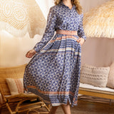BLUE GEOMETRIC PRINT SILK SHIRT DRESS