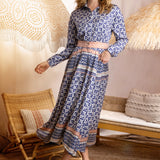 BLUE GEOMETRIC PRINT SILK SHIRT DRESS