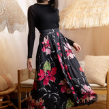 BLACK FLORAL DOUBLE BUTTON FLAIR SKIRT