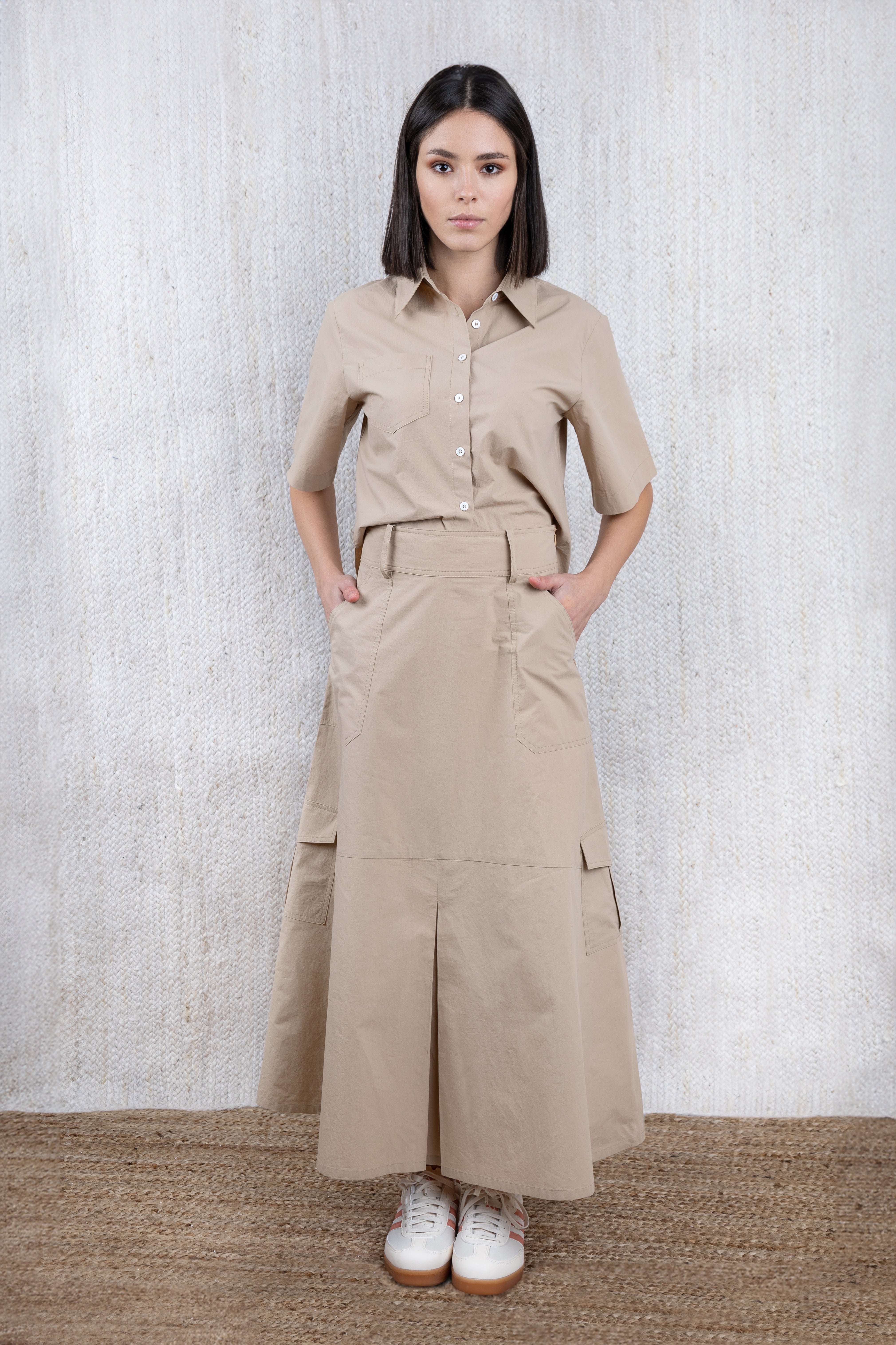 CHALK BEIGE BELTED CARGO SKIRT