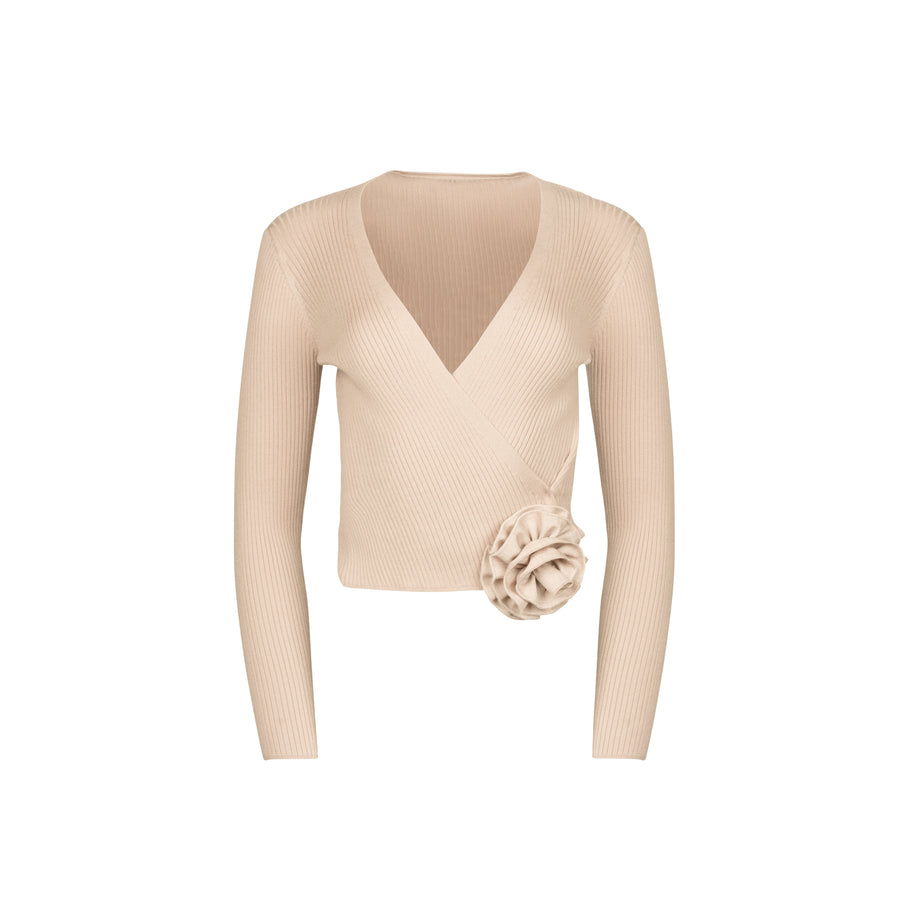 TAN ROSETTE WRAP SWEATER