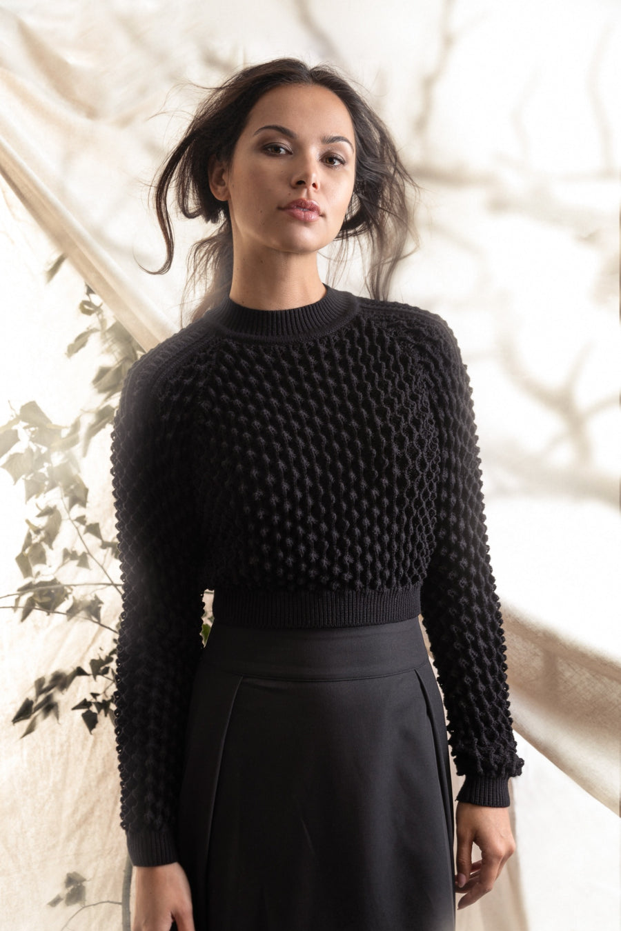 BLACK POINTELLE KNIT CROPPED SWEATER